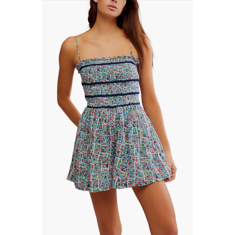 Free People Bali Checked Out Printed Romper XL Floral New NWT cotton Smocked - Picture 5 of 11